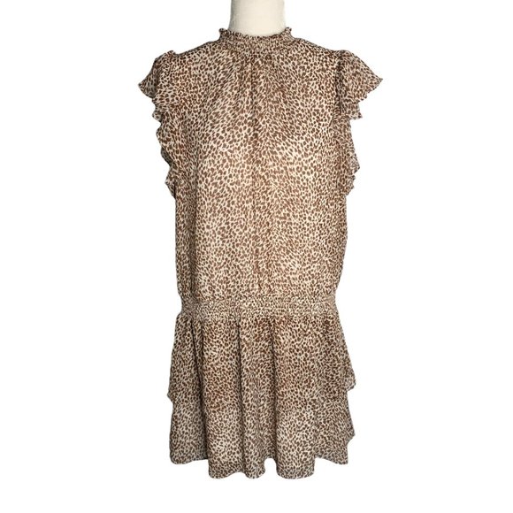 Express Dresses & Skirts - Express Dropped Waist Chiffon Dress XL Brown Animal Print Ruffle Sleeve Button
